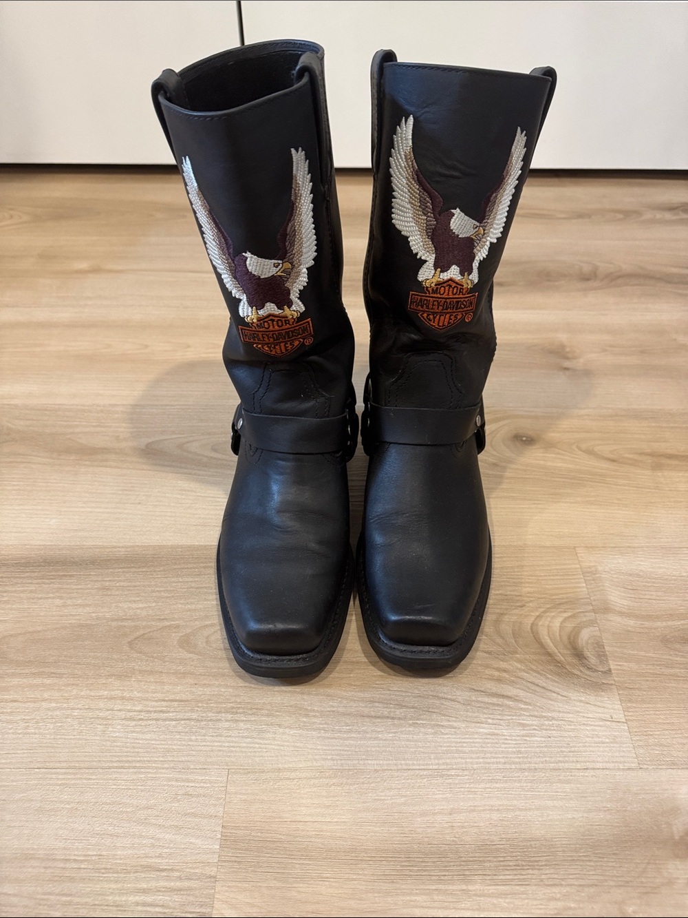 Harley-Davidson 8604 Riding Ring Black Leather 9W Boots with Eagle Embroidery